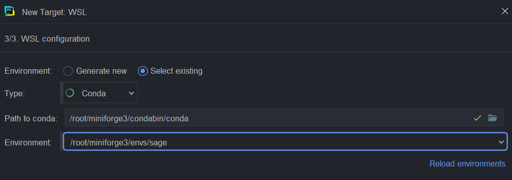 Configuration window for WSL with options to generate a new Conda environment or select an existing one, including paths for Conda and the specified environment.