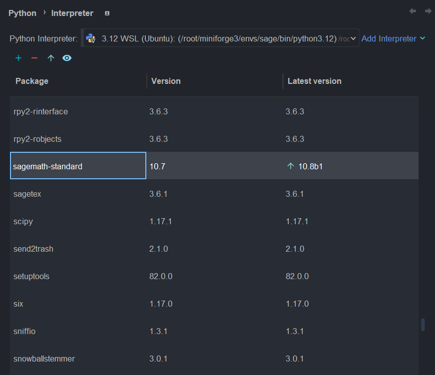 Screenshot of a Python interpreter environment displaying package versions, including 'sagemath-standard' version 10.7 and its latest version update 10.8b1.
