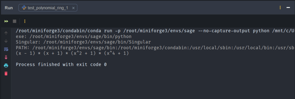Terminal output displaying the execution of a Python script related to polynomial rings, with paths and commands used in the process.