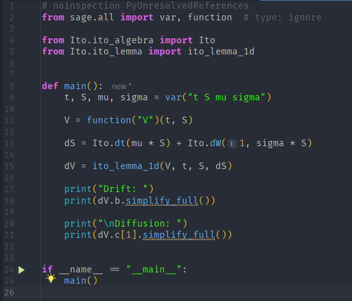 Code snippet demonstrating a Python function using the Ito calculus, importing necessary libraries and defining variables for stochastic processes.