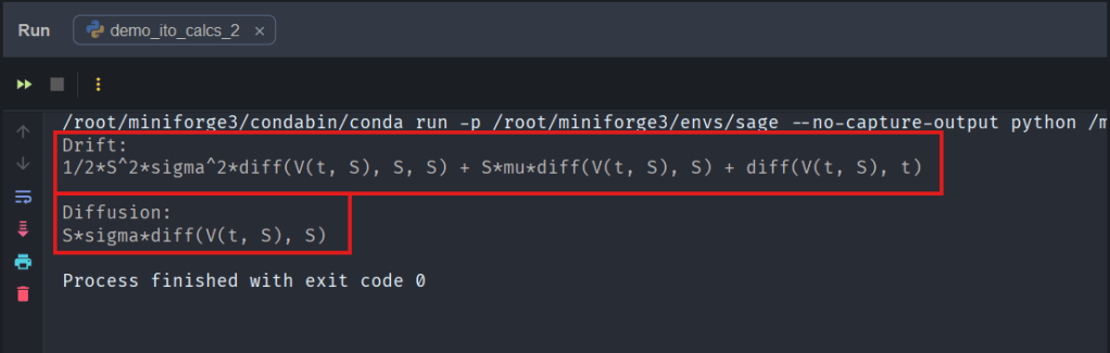 A code snippet showing formulas for Drift and Diffusion, including variables and mathematical expressions, displayed in a programming environment.