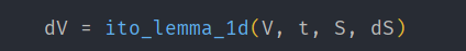 Code snippet showing a function call for 'ito_lemma_1d' with parameters V, t, S, and dS.