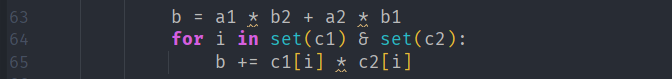A fragment of code displaying a Python loop that iterates over the intersection of two sets and modifies a variable 'b' by summing specific indexed elements from two lists 'c1' and 'c2'.