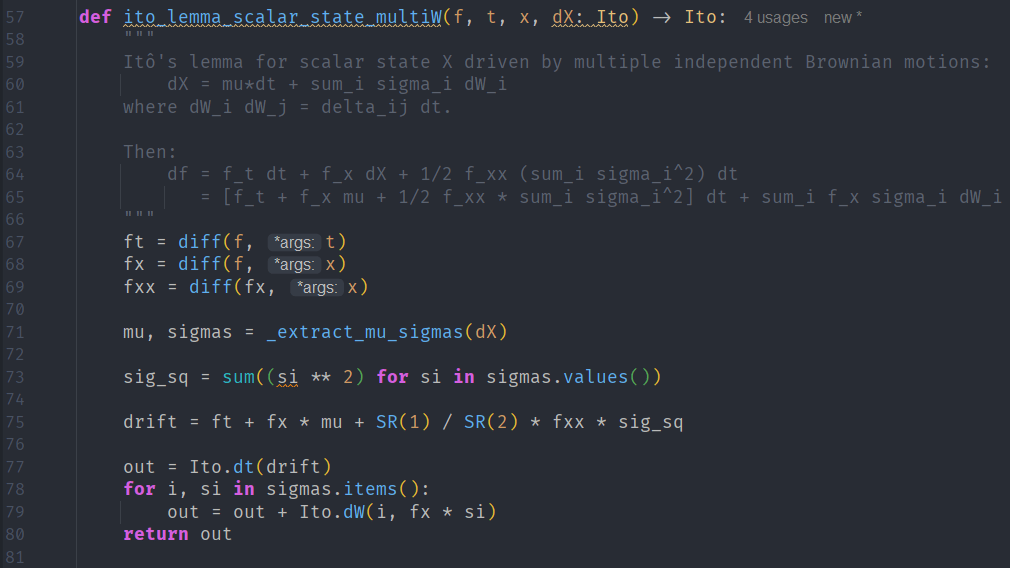 Python code snippet implementing Ito's lemma for scalar state using multiple independent Brownian motions, detailing the differentiation and calculation of drift and output.