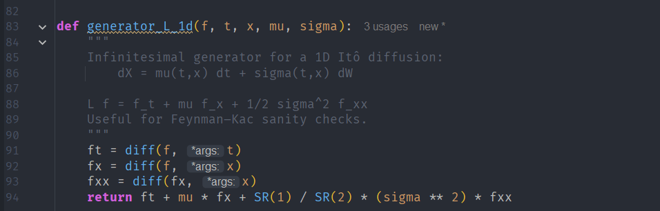 Code snippet illustrating a function definition for an infinitesimal generator in a 1D Itô diffusion process, including derivative calculations.