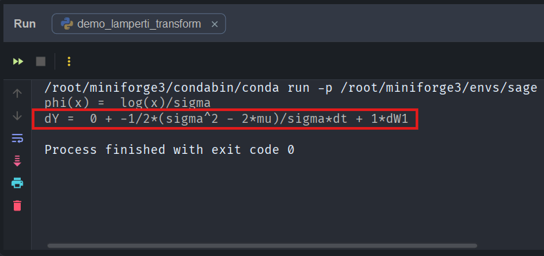 Code snippet displaying a mathematical equation for dY, related to the Lamperti transform, in a console window.