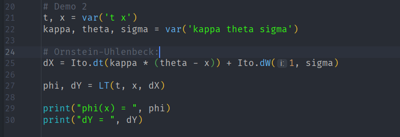 Code snippet demonstrating the Ornstein-Uhlenbeck process in a programming environment, with variables for kappa, theta, sigma, and calculations for dX, phi, and dY.