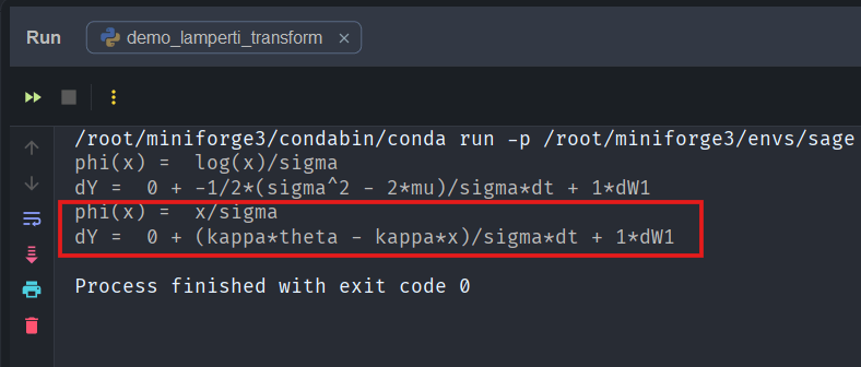 Screenshot of a coding environment showing equations and calculations related to a Lamperti transform and its parameters.