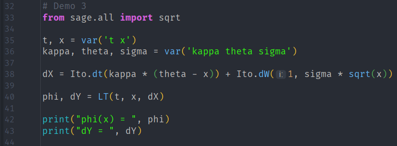 Code snippet demonstrating the import of the square root function from the SageMath library, variable definitions, and the application of the Itô calculus for stochastic processes.