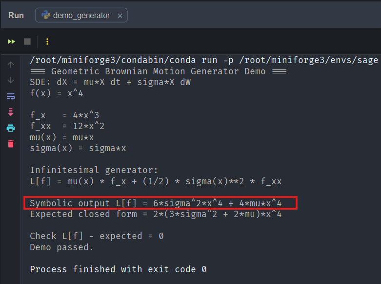 Code output showing the process of a Geometric Brownian Motion Generator, including symbolic output of the infinitesimal generator L[f] and expected closed form.