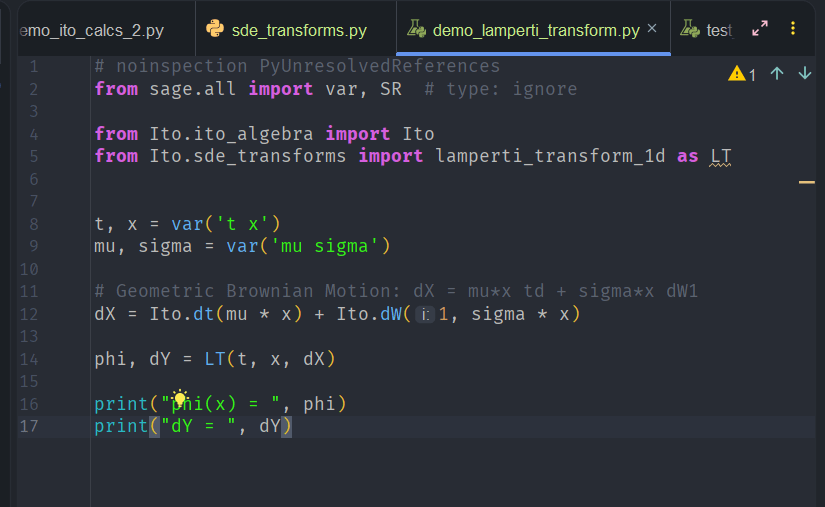 Screenshot of a Python code editor displaying code related to geometric Brownian motion and Ito calculus.