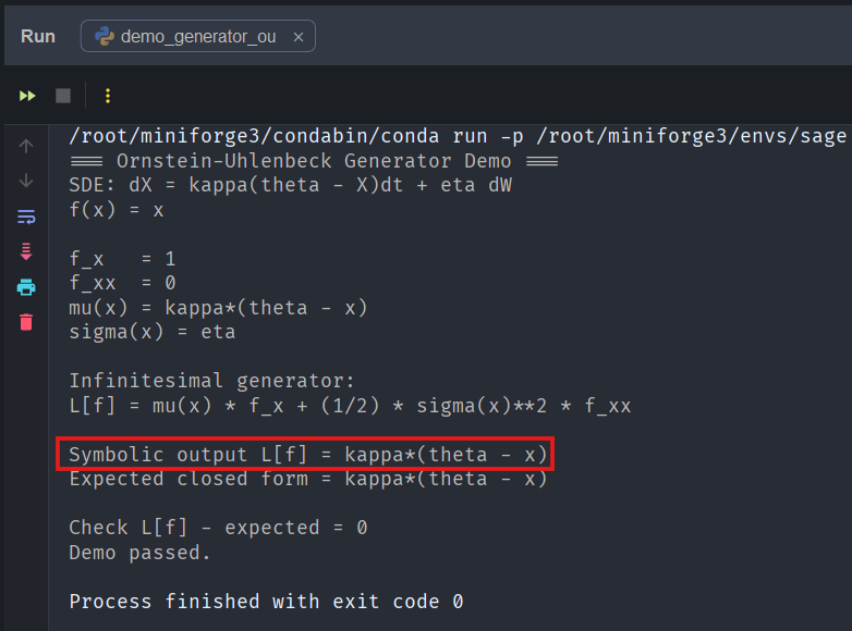 Screenshot of a coding environment displaying the Ornstein-Uhlenbeck Generator Demo, including Python code, calculations for infinitesimal generator, and symbolic output.