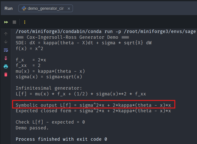 Screenshot of a code editor displaying a demo for the Cox-Ingersoll-Ross Generator, showing symbolic output for an infinitesimal generator computation.