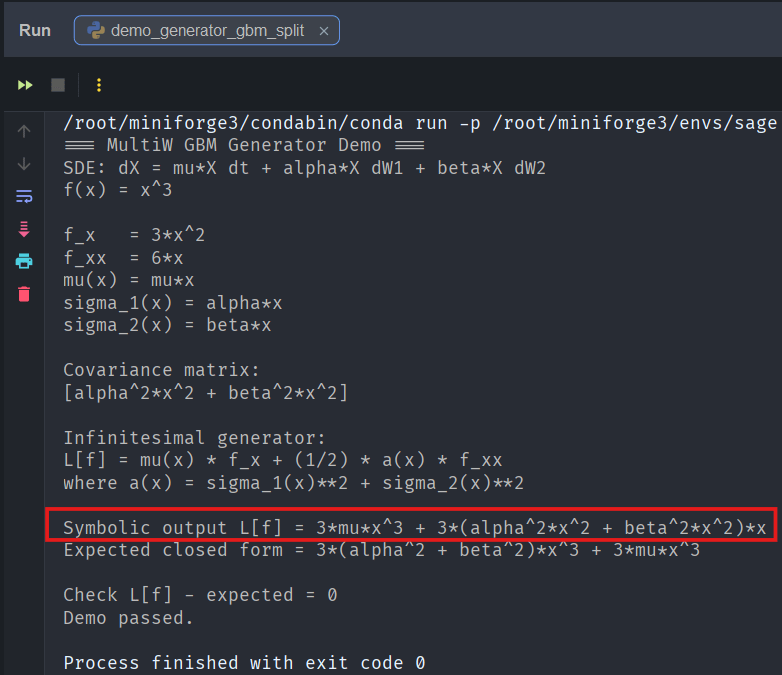 Screenshot of a code execution environment displaying a MultiW GBM Generator Demo, showing computations for stochastic differential equations, including symbolic output, covariance matrix, and an infinitesimal generator.