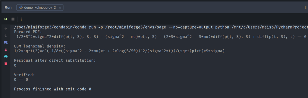 Screenshot of a programming environment displaying code for a forward partial differential equation and calculations related to GBM lognormal density.