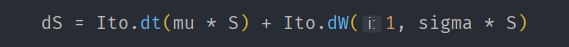 Mathematical equation in code format describing a stochastic differential equation, using Ito's lemma.