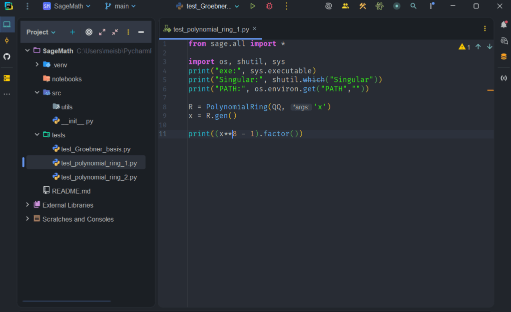 Screenshot of a coding environment showing a Python script that imports modules and uses the SageMath library to define and factor a polynomial.