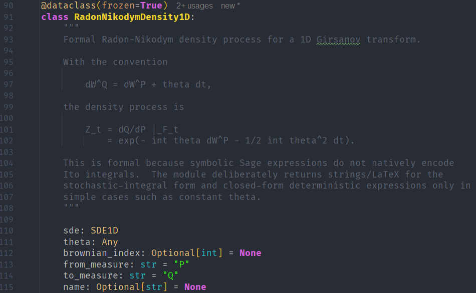 Code implementation of the Radon-Nikodym density process for a 1D Girsanov transform, including mathematical expressions and conventions.