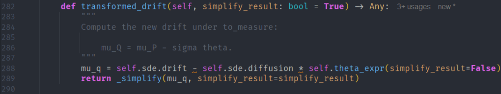 Code snippet displaying a Python function definition for 'transformed_drift', including comments and calculations related to drift and diffusion.