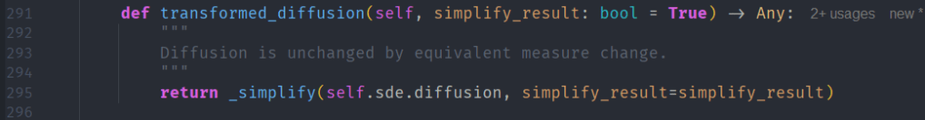 Python code snippet defining a function named 'transformed_diffusion', which describes diffusion in relation to equivalent measure change.