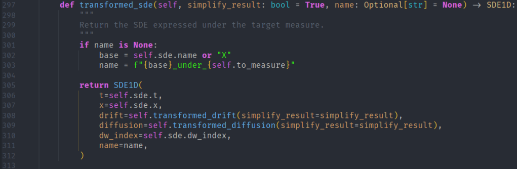 Code snippet showing a Python function definition for 'transformed_sde' with parameters for simplifying results and naming, returning an instance of SDE1D.