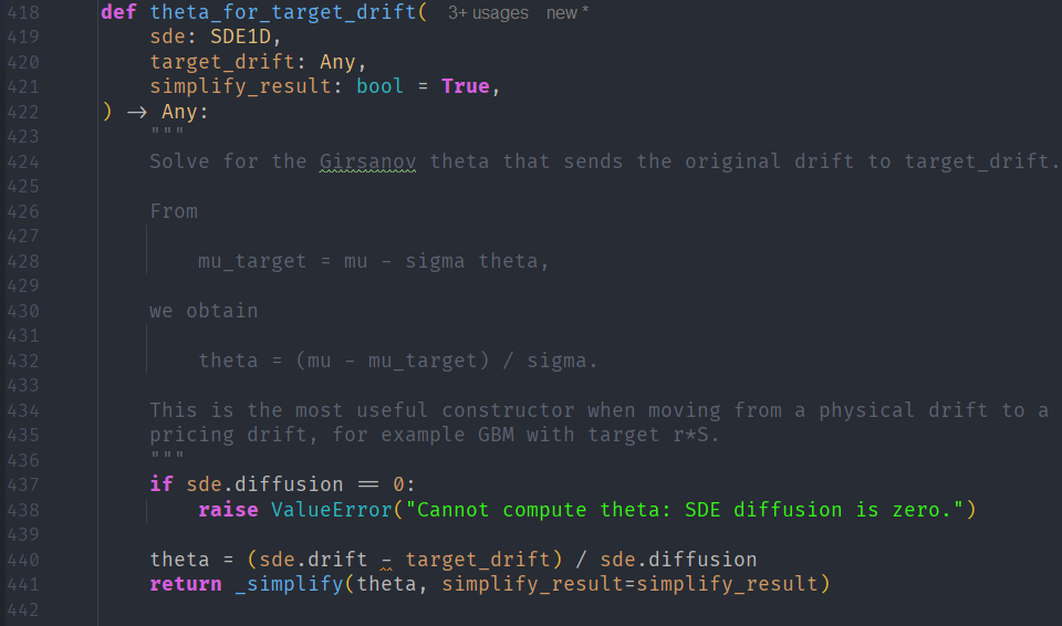 A code snippet in Python defining a function for calculating the Girsanov theta for target drift in stochastic differential equations (SDE).