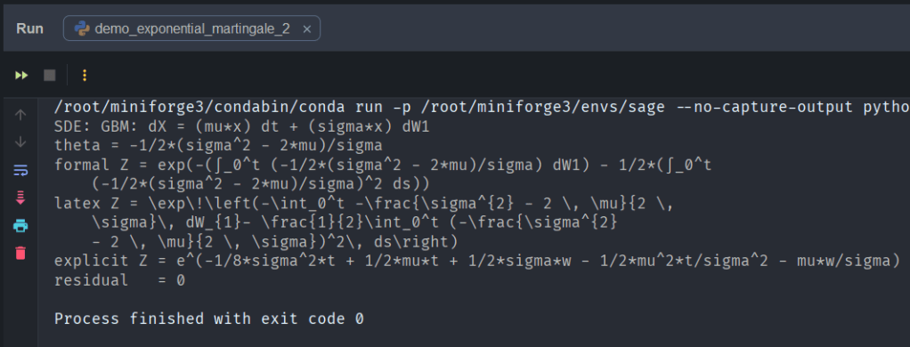 Code snippet illustrating a stochastic differential equation (SDE) for geometric Brownian motion with mathematical expressions and computations.