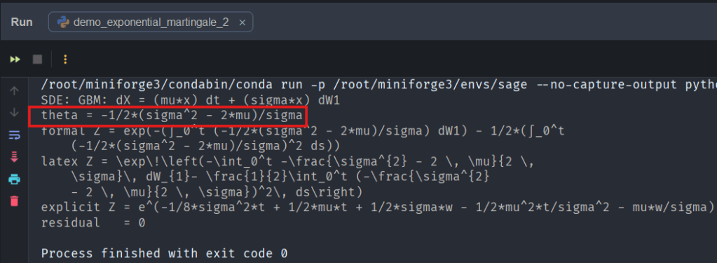 Screenshot of code in a programming environment showing stochastic differential equations and mathematical expressions related to geometric Brownian motion, including calculations and parameters such as mu, sigma, and theta.