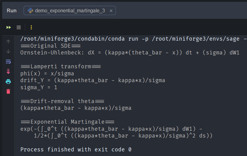 Code editor displaying mathematical computations and transformations related to the Ornstein-Uhlenbeck process and exponential martingale.
