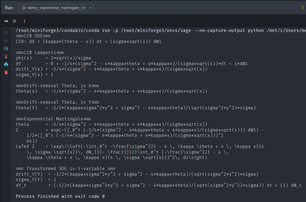 Code snippet showing implementation of the CIR (Cox-Ingersoll-Ross) model and its transformations in a programming environment.