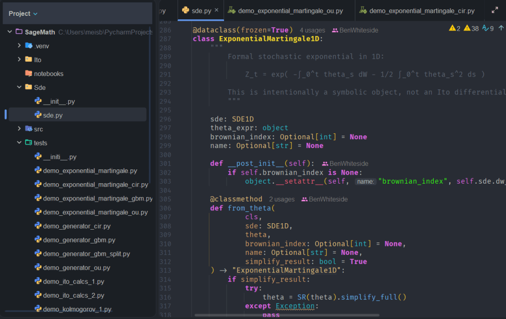 Code snippet showing Python file structure and class definition for ExponentialMartingale1D, highlighting attributes and method definitions in a development environment.