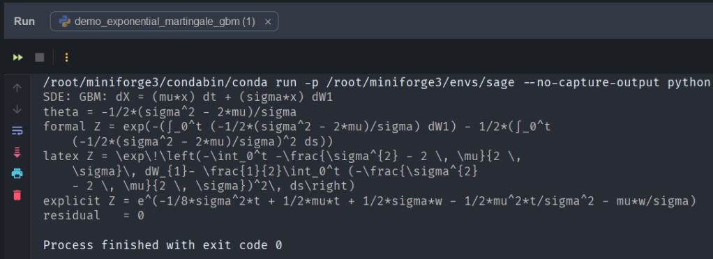 Code snippet showing stochastic differential equation for geometric Brownian motion with calculations and outputs in a programming environment.