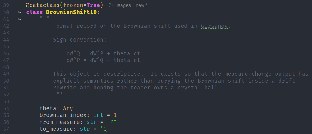 Code snippet showing a Python dataclass definition for BrownianShift1D, including comments on its purpose and sign conventions for measure change in Girsanov's theorem.