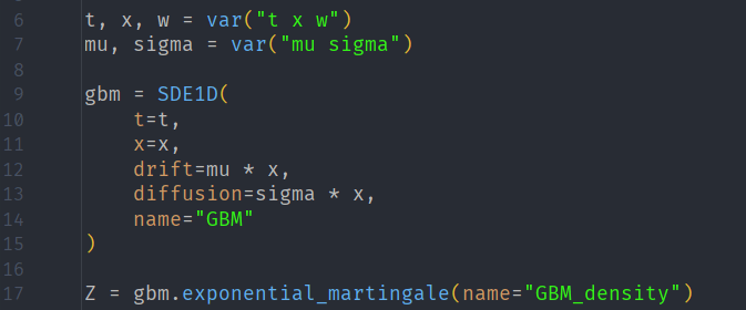 A code snippet showing the implementation of a geometric Brownian motion model using a stochastic differential equation. It includes variable definitions for time, state, drift, and diffusion parameters.