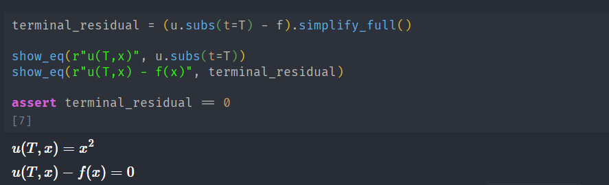 A code snippet in a programming environment, showing calculations involving a variable 'terminal_residual', assertions, and equations related to 'u(T,x)' and 'f(x)'.