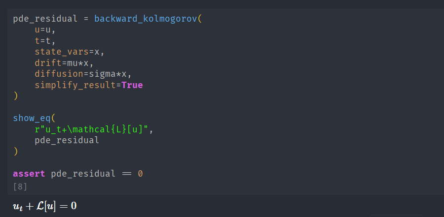 Code snippet showing the implementation of a backward Kolmogorov equation in Python, including the definition of the pde_residual, the show_eq function, and an assertion check to verify its value.