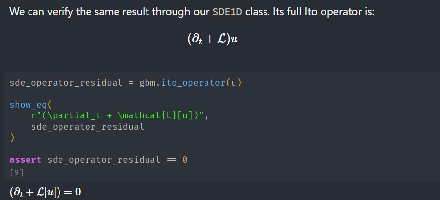 A code snippet showing the verification of an SDE operator in Python, with an expression involving partial derivatives and an assertion statement.