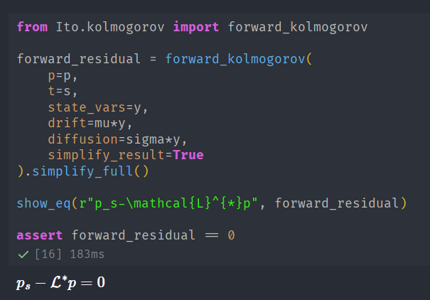 Code snippet demonstrating the import and use of the forward_kolmogorov function from the Ito.kolmogorov module. It shows the computation of the forward residual and an assertion that it equals zero.