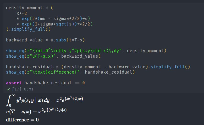 Code snippet showing calculations for density moment, backward value, and handshake residual in a mathematical context.