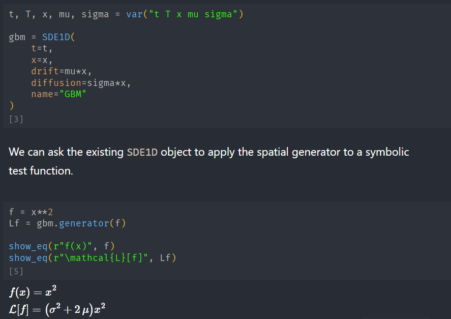 Code snippet defining a geometric Brownian motion simulation in a programming environment, showcasing the application of the SDE1D object with a test function.